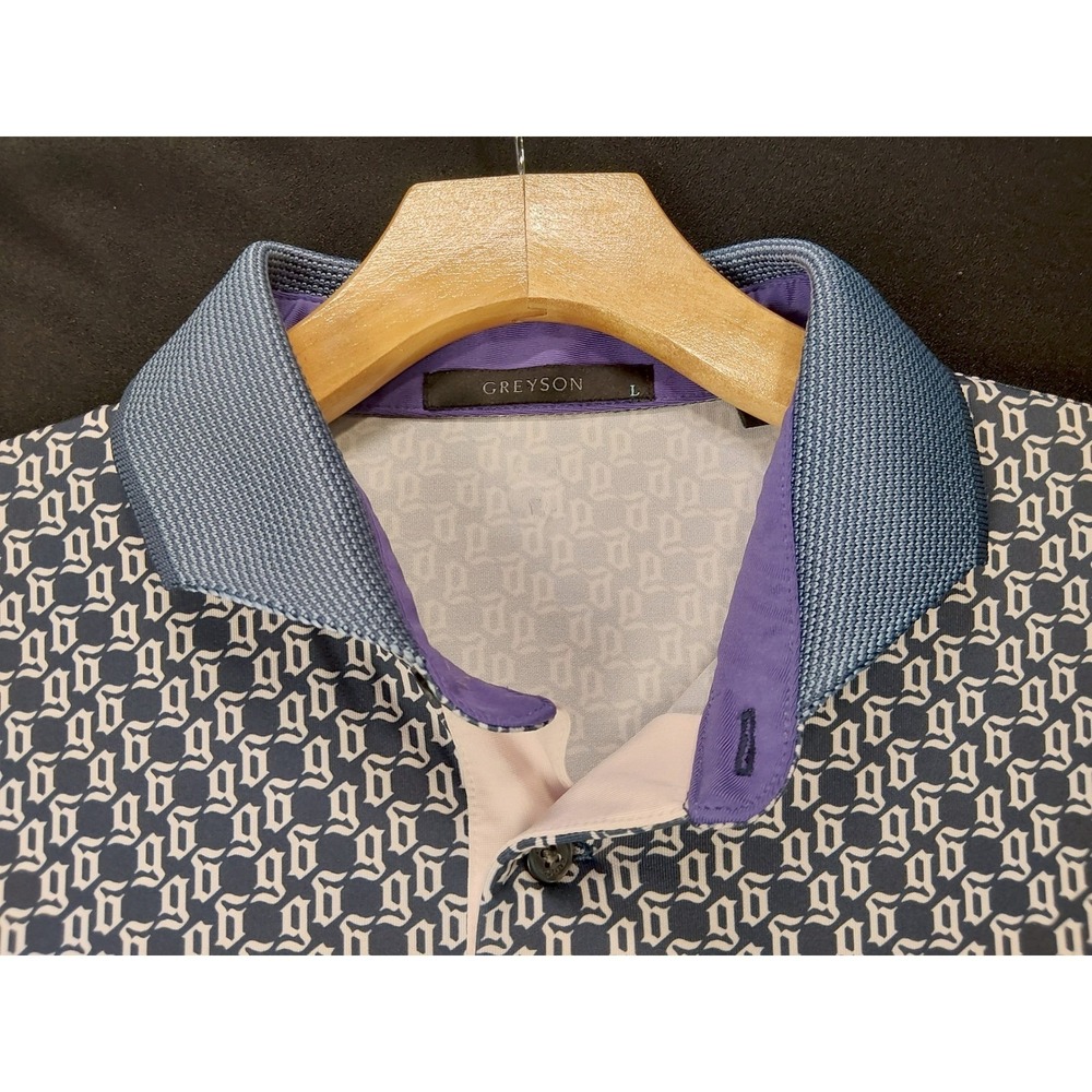 Greyson Clothiers AOP Gothic G Monogram Golf Polo Shirt Navy Blue Pink Large